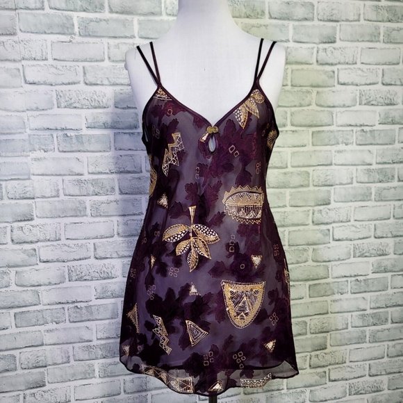 Vintage 90s‎ California Dynasty L Purple Gold Floral Babydoll Nightgown Chemise - Picture 1 of 8